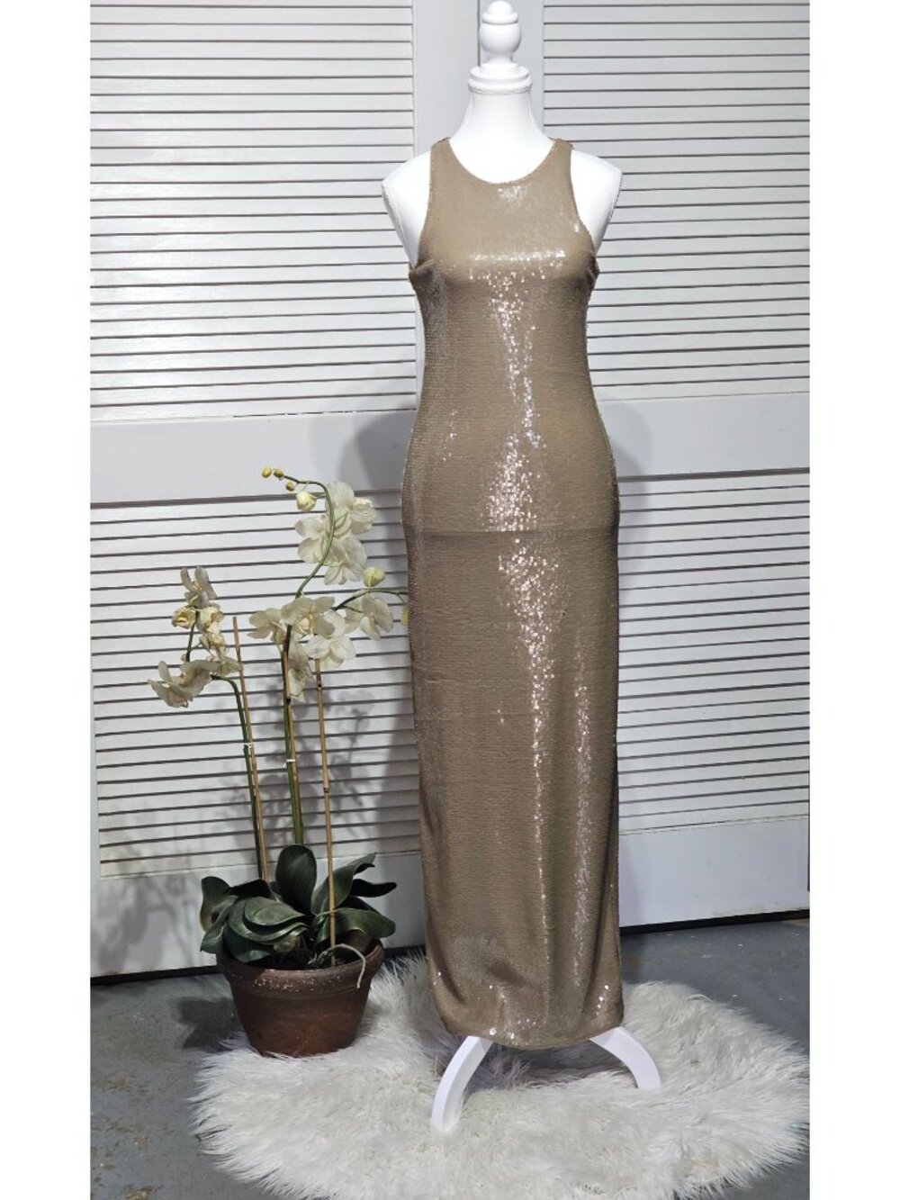 NWOT Banana Republic Women's Taupe Strech Sequin Crew Neck Maxi Dress Sz XS 3636
